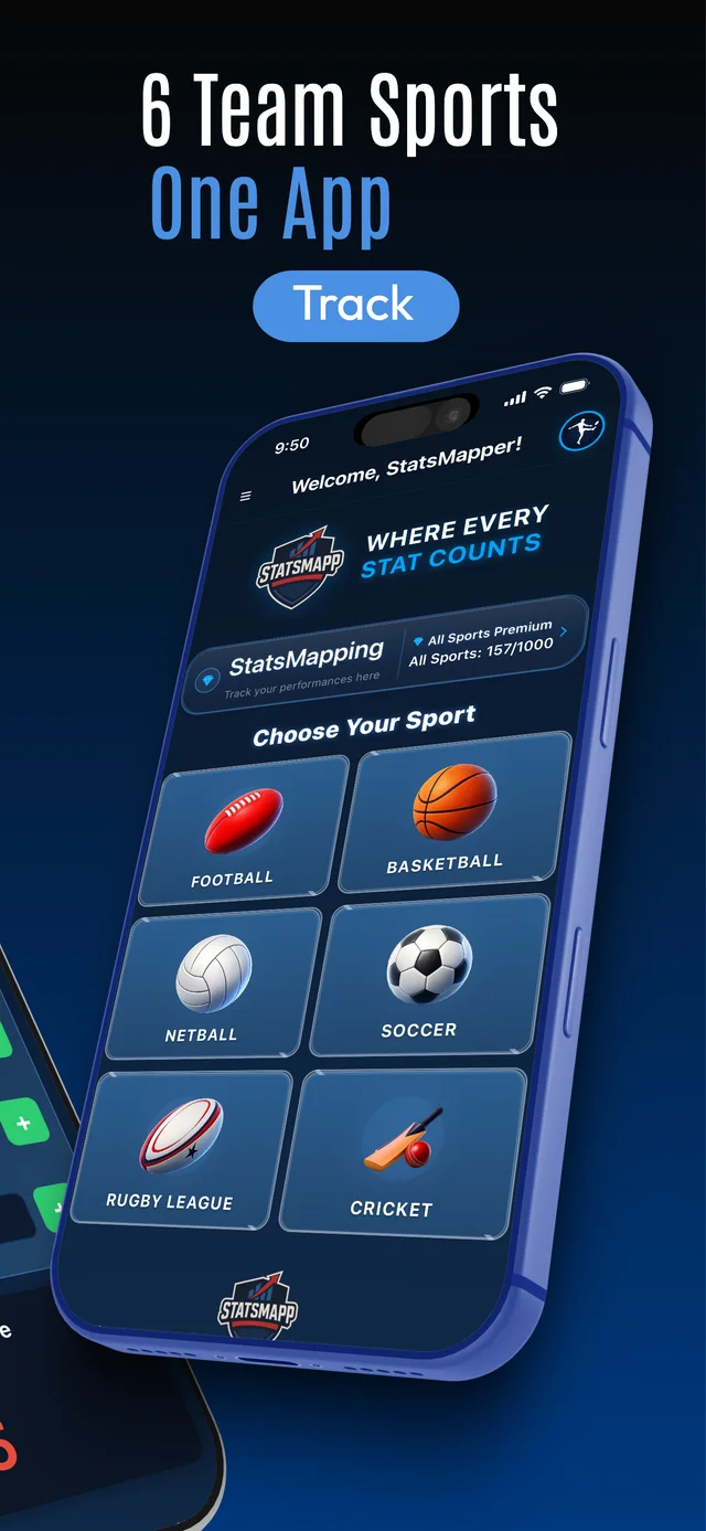 StatsMapp home screen showing all six sports
