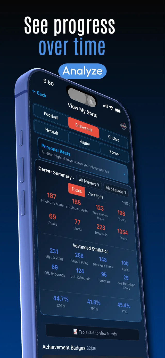 StatsMapp View My Stats screen with career totals and Personal Bests
