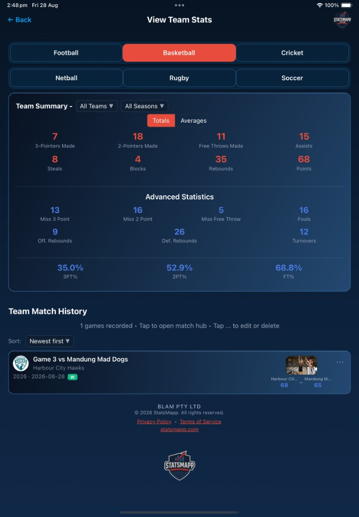 Team stats and match history with film thumb